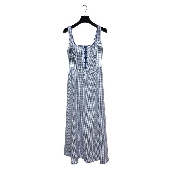 Caroline Constas Blue & White Gingham Maxi Dress Bows Smocked Black Small - Picture 3 of 9